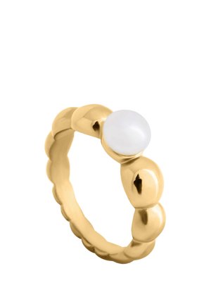 Anillo de oro con una banda redondeada de cuentas y una sola perla blanca colocada sobre la banda.
