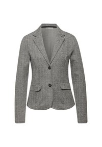 Grå herringbone-blazer med slagkrage, två framfickor och två knappar, tillverkad av textil med struktur för en skräddarsydd passform.