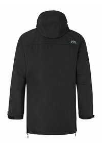 Veste d'hiver noire à capuche avec manches longues, poignets ajustables, et un petit logo montagnard blanc sur le haut du dos à droite.