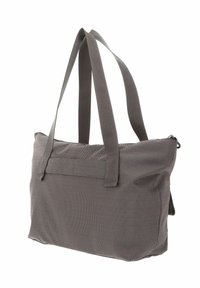 Borsa tote in tessuto grigio con superficie testurizzata, chiusura con zip e due manici robusti. Presenta una tasca frontale piatta per ulteriore spazio di archiviazione.