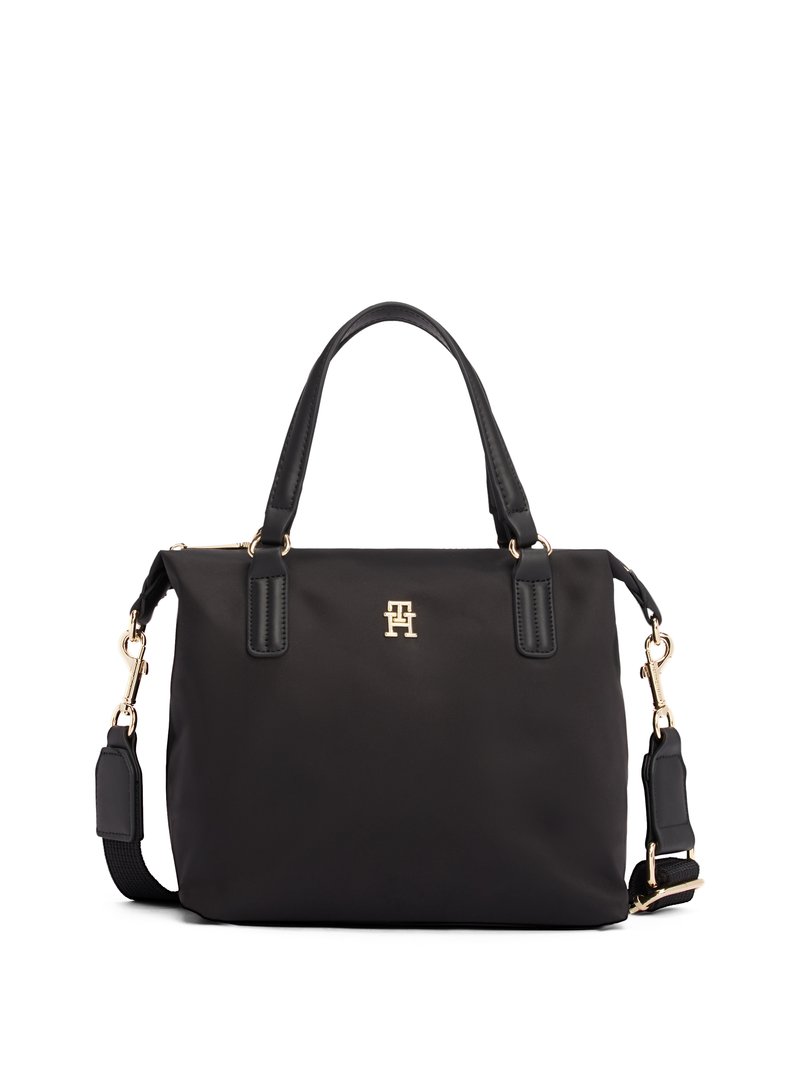 Sac à main en nylon noir avec quincaillerie dorée, doubles poignées supérieures et une bandoulière amovible. Présente un détail de logo sur le devant.