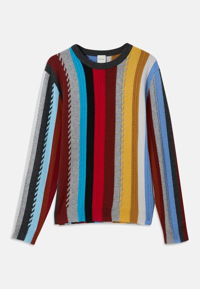 Knit sweater featuring multicolored vertical stripes in red, blue, gray, yellow, and black with textured ribbing and a round neckline.