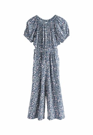 Blå blomsterprint jumpsuit med vide ben, korte pufærmer, rynket halsudskæring og indsnøret talje.