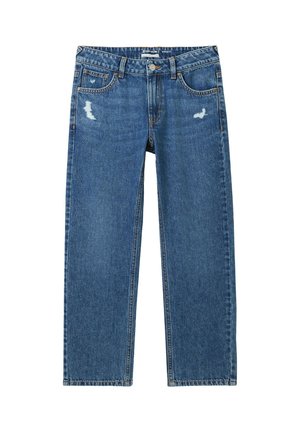 Blå jeans med lige ben, let slidte frontlommer og lukning med knap og lynlås i taljen.