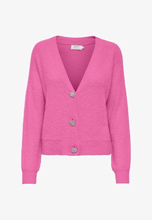 Cardigan lavorato a maglia rosa con scollo a V, maniche lunghe e cinque bottoni decorativi. La texture è morbida, con polsini e orlo a coste.
