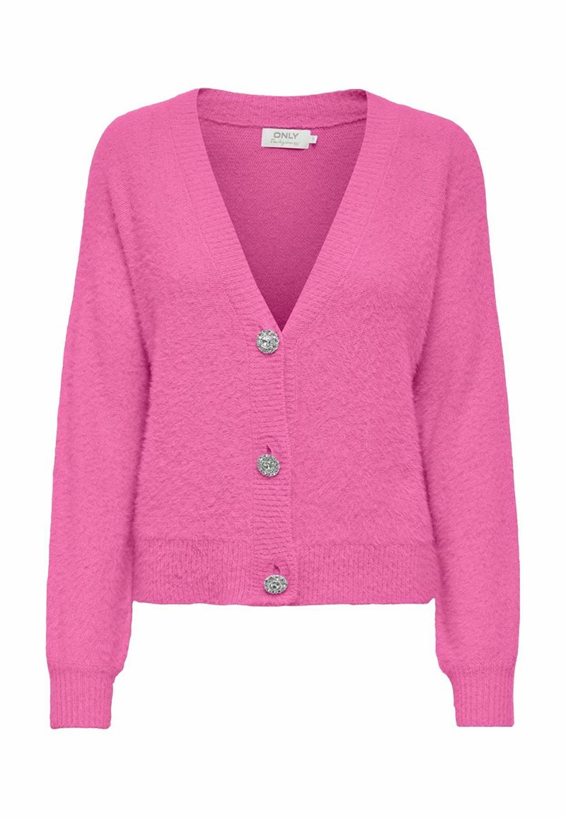 Cardigan lavorato a maglia rosa con scollo a V, maniche lunghe e cinque bottoni decorativi. La texture è morbida, con polsini e orlo a coste.