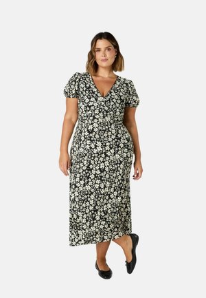 Schwarzes Midi-Kleid mit V-Ausschnitt, Puffärmeln und weißem Blumendruck. Hergestellt aus einem leichten Stoff mit entspannter Passform.
