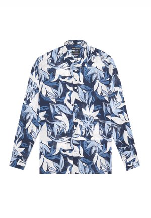 Chemise à manches longues à boutons avec motif de feuilles tropicales bleues et blanches, col évasé et poignets boutonnés.
