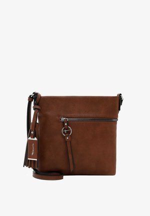 Brown leather crossbody bag with a textured finish, a front zip pocket, silver hardware, a decorative tassel, and an adjustable strap.