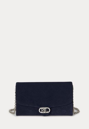 Navy blue suede clutch bag with a silver logo clasp and chain strap, featuring a rectangular shape and a fold-over design.