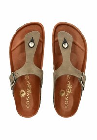 Brown leather sandals with a brown suede strap, silver buckle, and black accent. Cushioned footbed with embossed brand name.