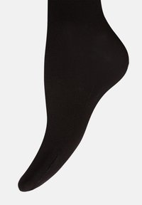 Svart fotledssocka med en sömlös design, slät yta och spetsig tå. Materialet verkar elastiskt och kroppsnära.