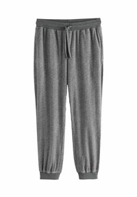 Graue Herringbone-Jogginghosen mit einem Kordelzugbund und gerippten Bündchen an den Knöcheln. Hergestellt aus einem weichen, strukturierten Stoff.