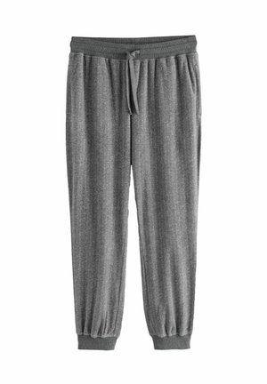 Graue Herringbone-Jogginghosen mit einem Kordelzugbund und gerippten Bündchen an den Knöcheln. Hergestellt aus einem weichen, strukturierten Stoff.