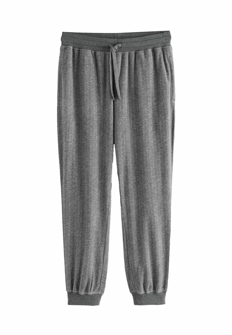 Graue Herringbone-Jogginghosen mit einem Kordelzugbund und gerippten Bündchen an den Knöcheln. Hergestellt aus einem weichen, strukturierten Stoff.