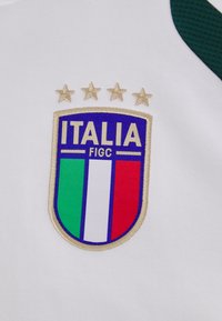Παγκόσμιο κύπελλο ποδοσφαίρου Ιταλίας, σε λευκό με χρυσό κέντημα περιθώριο, που περιλαμβάνει ένα μπλε ασπίδα με κάθετες πράσινες, λευκές και κόκκινες ρίγες, και τέσσερις αστέρες.