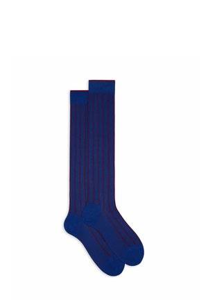 Knee-high socks in blue with thin burgundy vertical stripes, featuring a ribbed top and reinforced toe, made from a soft fabric.