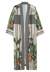 Kimono floreale e a righe con apertura frontale, dettagli in checked bianco e nero, realizzato in tessuto leggero, con fantasie verdi e rosa.