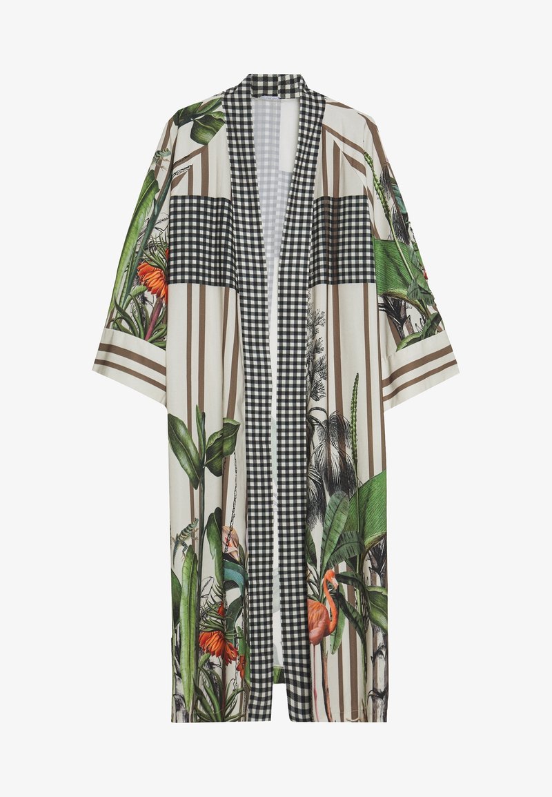 Kimono floreale e a righe con apertura frontale, dettagli in checked bianco e nero, realizzato in tessuto leggero, con fantasie verdi e rosa.