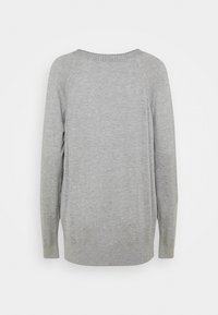 Grauer Pullover mit langen Ärmeln, geripptem Struktur an den Bündchen und dem Saum, runder Ausschnitt und glatter Strickoberfläche. Rückansicht gezeigt.