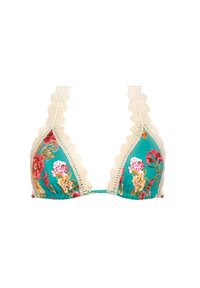 Kostium kąpielowy w kwiaty w odcieniu turkusowym, z koronkowym wykończeniem w kremowym kolorze wzdłuż brzegów i regulowanymi ramiączkami. Miękka tkanina z kwiatowym wzorem.