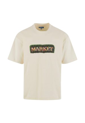 Cremefarvet bomulds T-shirt med en rektangulær grøn broderi med blomstermotiver, der staver "MARKET" i livlige farver. Klassisk rund hals.