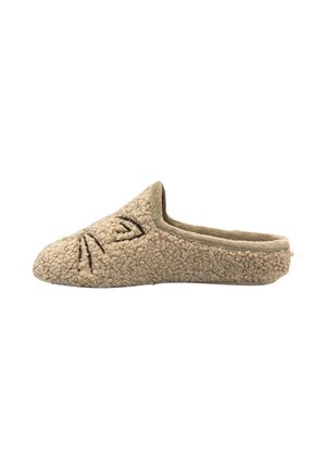Beige instapschoen gemaakt van textiel, met een kattengezichtontwerp en zwarte stiksels. Zachte binnenvoering, ronde neus en platte zool.