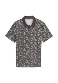 Polo de manga corta en gris con patrón de hojas oscuras y cuello oscuro contrastante. Tejido suave con un acabado texturizado. Tapeta de tres botones.