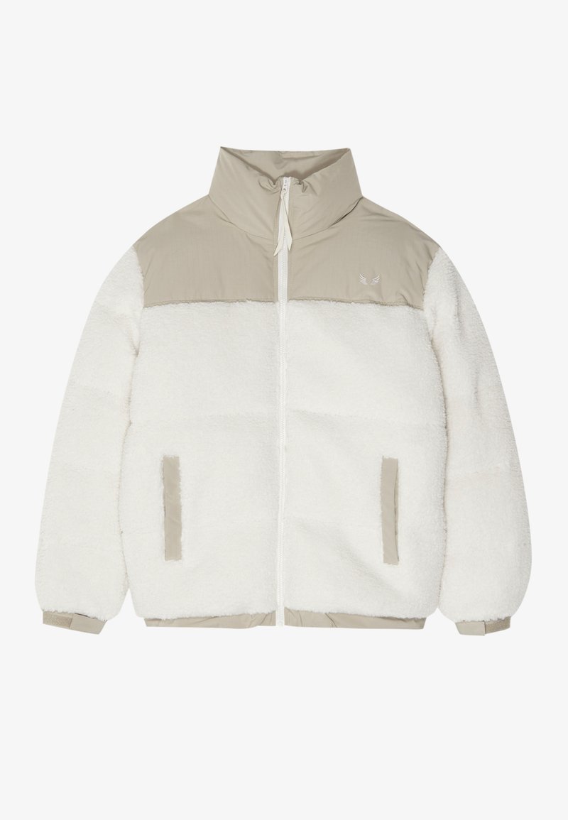 Fleece jacket in white with a beige nylon upper section. Features a high collar, front zipper, and side pockets with contrasting fabric accents.