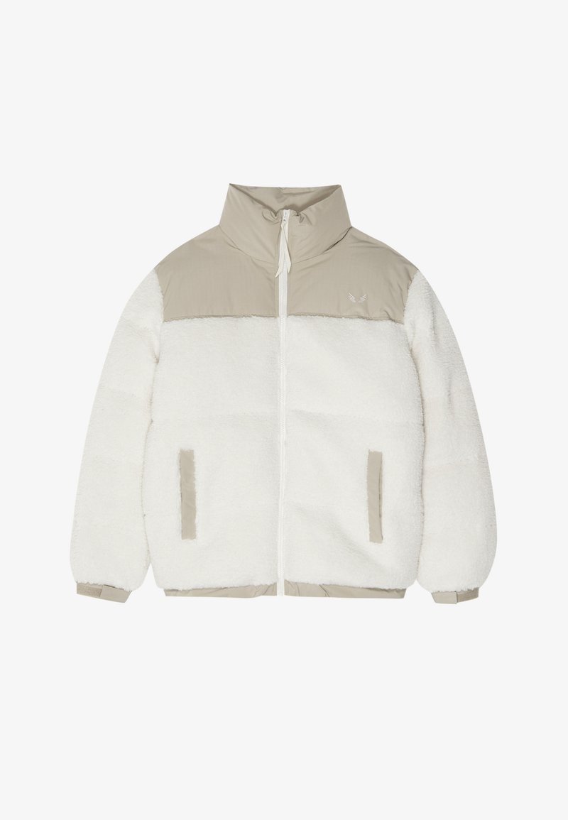Fleece jacket in white with a beige nylon upper section. Features a high collar, front zipper, and side pockets with contrasting fabric accents.