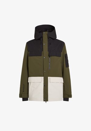 Tvåfärgad jacka med en grön kropp och en svart övre del, huva, framfickor och en krämfärgad nedre panel. Inkluderar dragkedjor och tryckknappar.