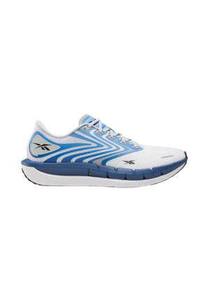 Scarpa sportiva bianca e blu con chiusura con lacci, suola texturizzata e logo Reebok sul lato e sulla linguetta.