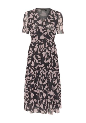 Vestito midi nero avvolgente con motivo a foglie rosa, maniche corte, vita elastica e orlo a balze sovrapposte.