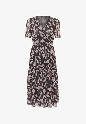 Vestito midi nero avvolgente con motivo a foglie rosa, maniche corte, vita elastica e orlo a balze sovrapposte.