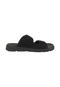 Svart mocka sandal med öppen tå, två breda remmar och en texturerad gummisul. Har en formad sula för komfort.