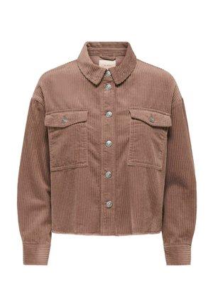 Brown corduroy jacket with a collared neck, long sleeves, two chest pockets, and button fastening. Features vertical ribbed texture.