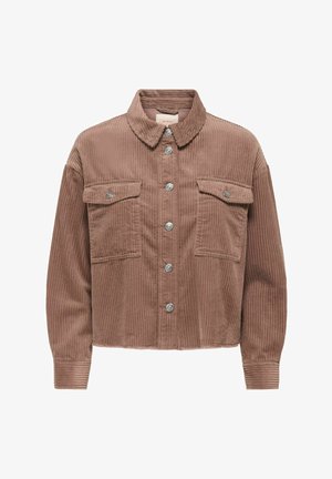Hnědá kordová bunda s límcem, dlouhými rukávy, dvěma náprsními kapsami a zapínáním na knoflíky. Má vertikální žebrovanou texturu.