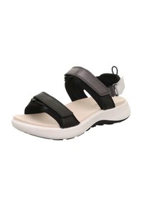 Czarna sandał z dwoma regulowanymi paskami, srebrnym akcentem, jasną wkładką i białą podeszwą z teksturowanym wzorem.