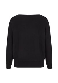 Sweatshirt noir à coupe décontractée, col rond, manches longues, avec des poignets et un ourlet côtelés, en tissu doux. Design simple, sans motifs.