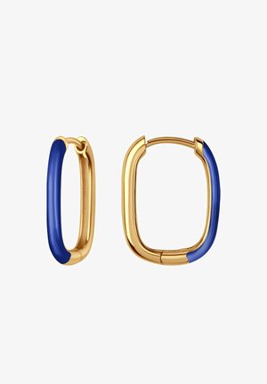 Złote kolczyki w kształcie kółek z niebieskimi emaliowanymi akcentami, z eleganckim wzornictwem w kształcie owalnym i kwadratowym dla różnorodności.
