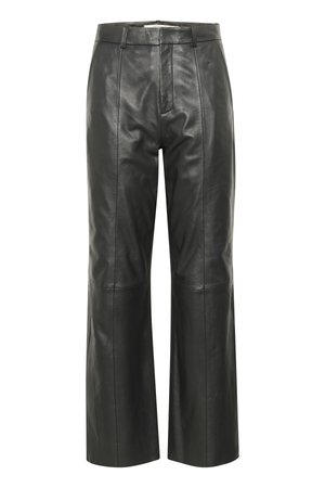Black leather wide-leg pants with a smooth texture, featuring a waistband, front pleats, and subtle stitching details.