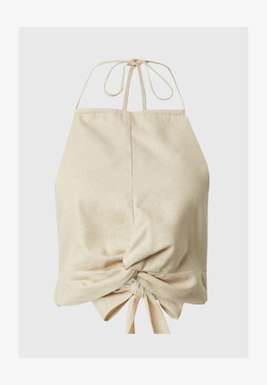 Beige-henkinen toppi, joka on valmistettu kevyestä kankaasta. Sisältää nauhan takana ja solmittavan yksityiskohdan edessä, mikä luo muotoiltua siluettia.