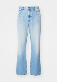 Jeans in denim azzurro chiaro a gamba ampia con una finitura sbiadita, dotati di vita media, design a cinque tasche e chiusura con bottone metallico.