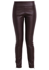Burgundy faux läder leggings med en slät yta, hög midja och blixtlås vid anklarna för en åtsittande look.