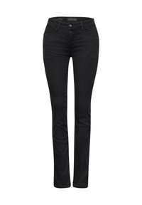 Svarta denimjeans med slim fit, femfickorsdesign, tvåknappsstängning och lätt stretch för komfort. Slät textur och modern stil.