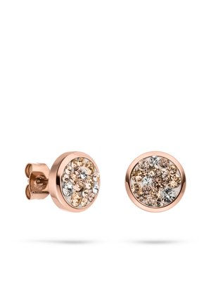 Orecchini con perno in oro rosa caratterizzati da design rotondi decorati con cristalli trasparenti e color ambra di varie dimensioni, creando un effetto a motivo.