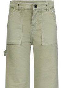 Lichtgroene broek van katoen met een ritssluiting en knoopsluiting, met twee zijzakken en een zak aan de zijkant. Soepele textuur.