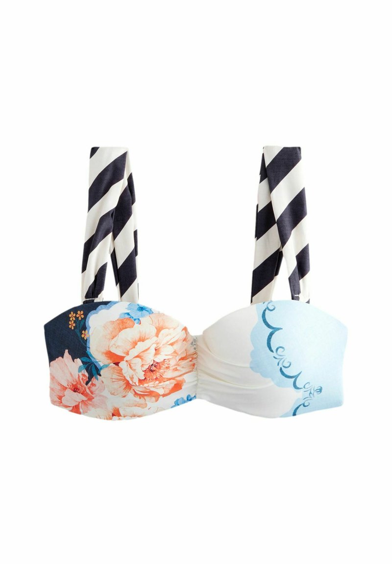 Blommig bikiniöverdel med persiko- och blå blommor på en vit botten. Randiga justerbara remmar i marinblått och vitt. Slät tygtextur.