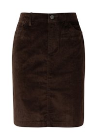 Bruine corduroy rok met een rechte snit, twee voorzakken, een subtiele textuur en een knoopsluiting bij de taille.