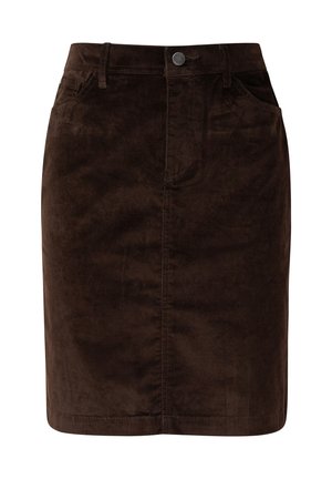 Brauner Cordrock mit geradem Schnitt, zwei Vorderentaschen, einer dezenten Textur und einem Knopfverschluss am Bund.